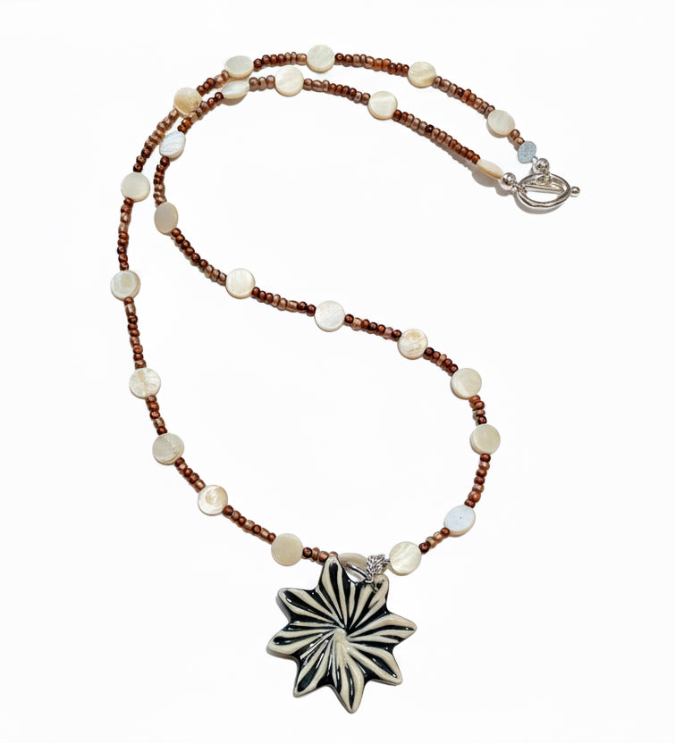 Carved Porcelain Flower Pendant Necklace