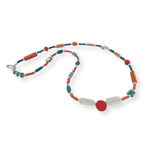 Long Retro Orange & Turquoise-Colored Beaded Necklace